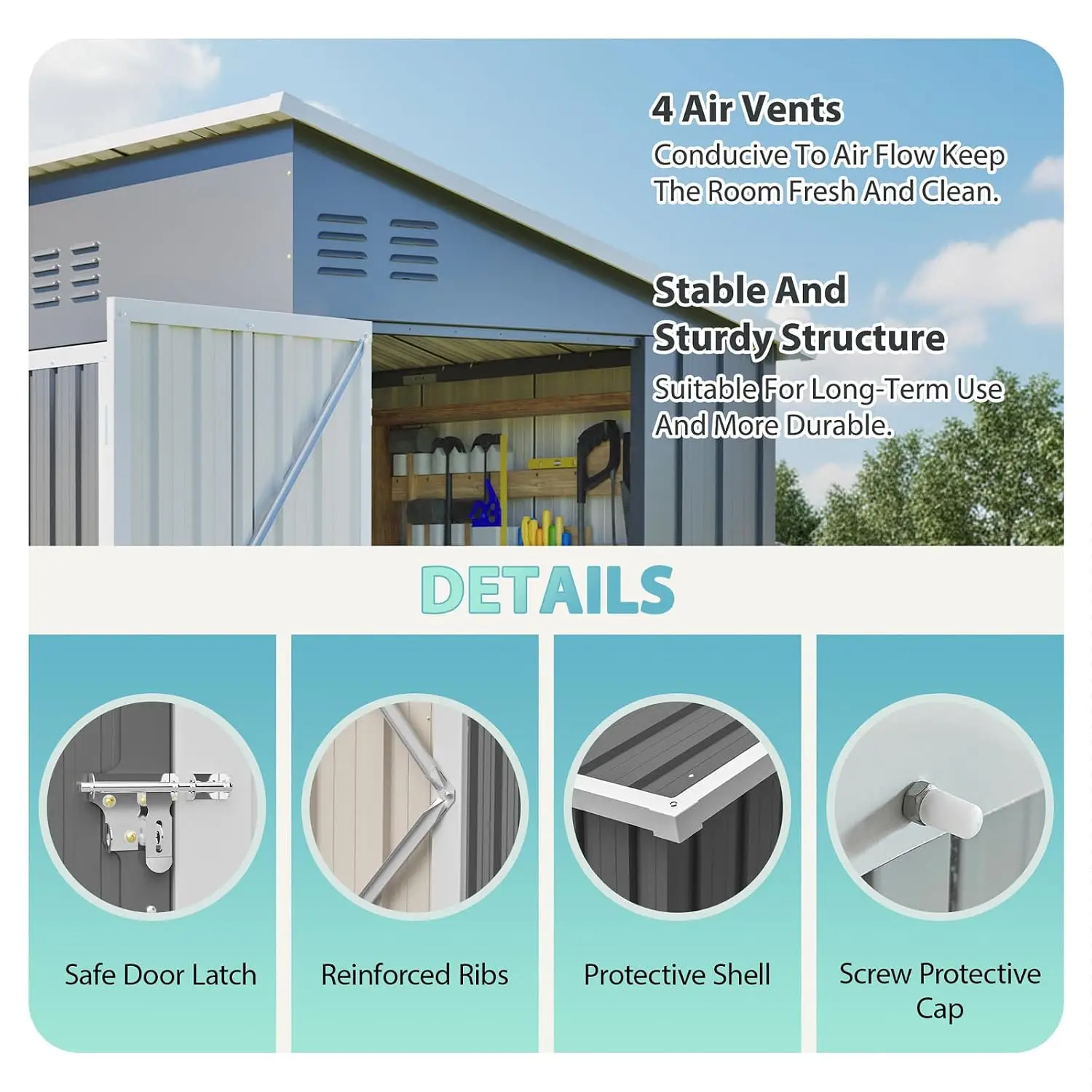 8x4 FT Outdoor Storage Shed with Floor Frame Weatherproof Garden Tool House Metal Backyard Patio Garage Organizer, Customized view 3