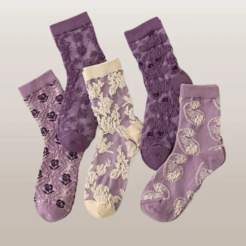 5/10 Pairs Retro Purple Small Flower Three-dimensional Relief Trendy All-match Personality Pattern Mid-tube Socks