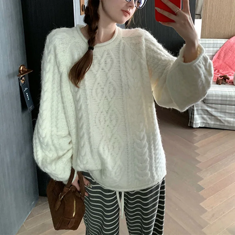 Kimotimo Lazy Twists Pullover Sweater Women Autumn Winter Casual Loose O Neck Knitted Tops Japanese Vintage Warm Solid Jumper