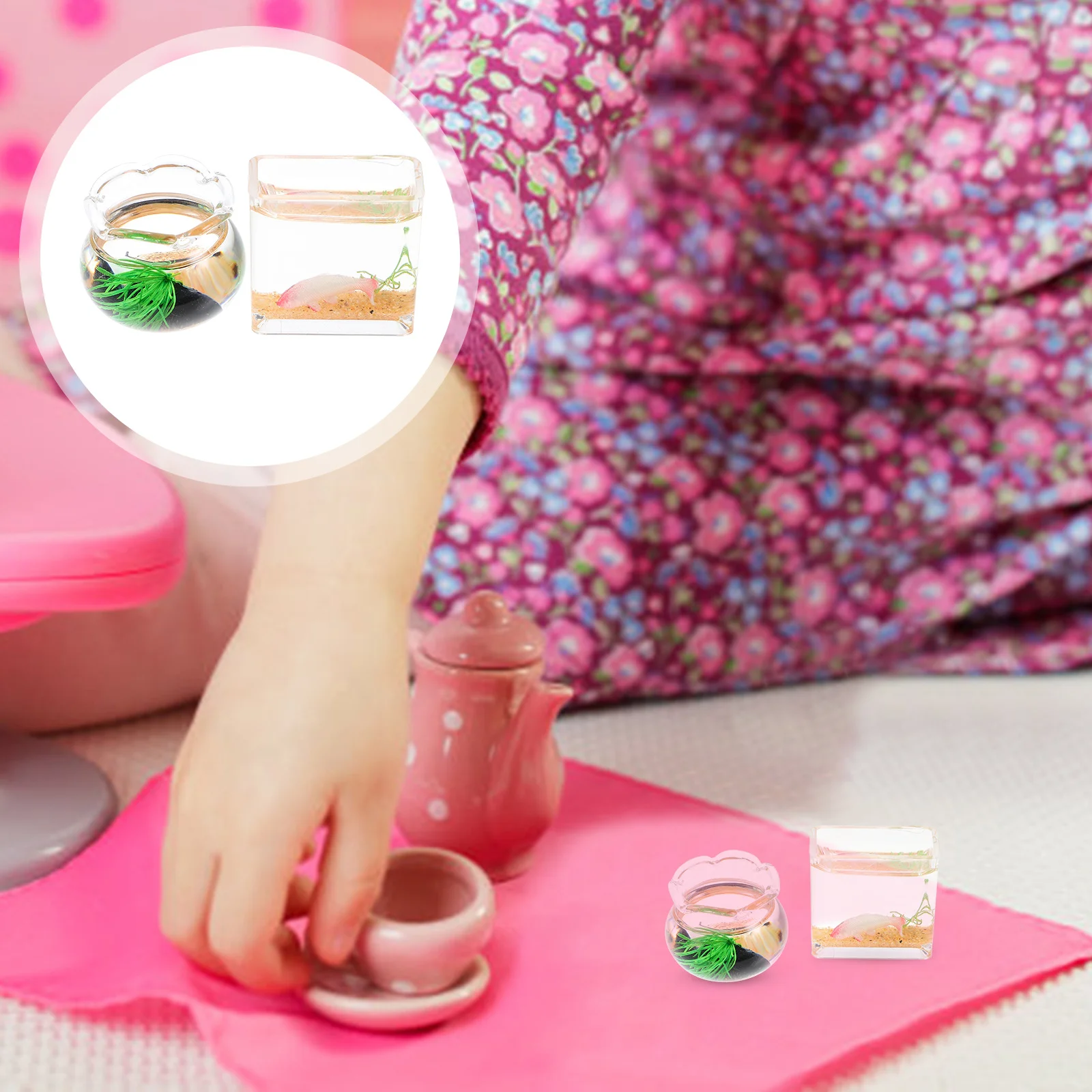 2 pçs tanque de peixes de vidro em miniatura mini casa acessório criativo tigela de peixes decoração cena em miniatura mini casa acessório