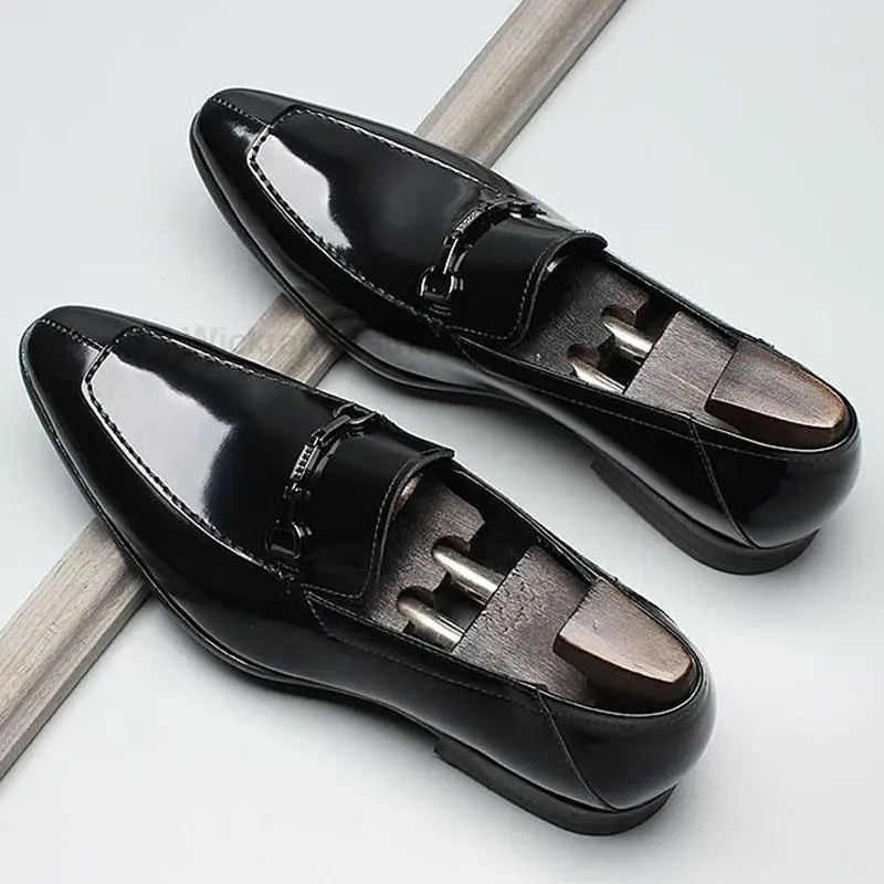 New Mens Slide On Loafers Leather Shoes Genuine Leather Elegant Wedding Party Casual Dress Shoes Brown Black Shoes For Men