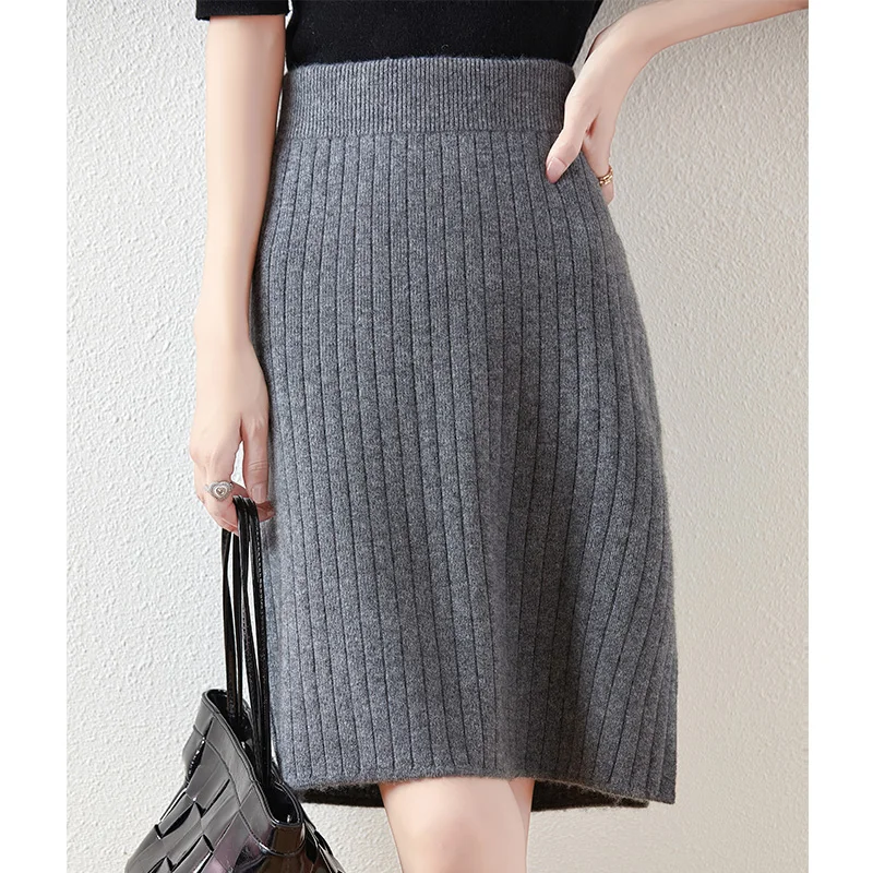 100% merino wool women's knitted skirt, elastic waist, casual, fashionable, striped, new autumn and winter 2024