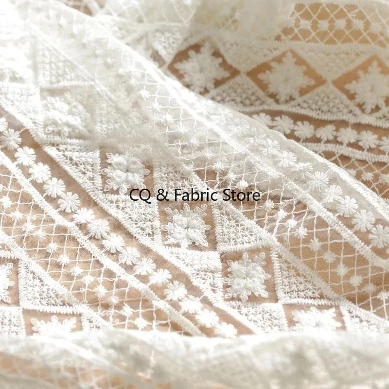 White Black Mesh Embroidered Fabric 130cm Width Fresh Lace Fabric for Wedding Dress Tshirt Sewing Craft Accessory