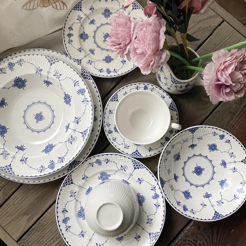 Flate Plate Ceramic Chinese Dinner Tool Blue White Floral Porcelain Tableware Soup Salver Cereal Bowl Household Breakfast Tray