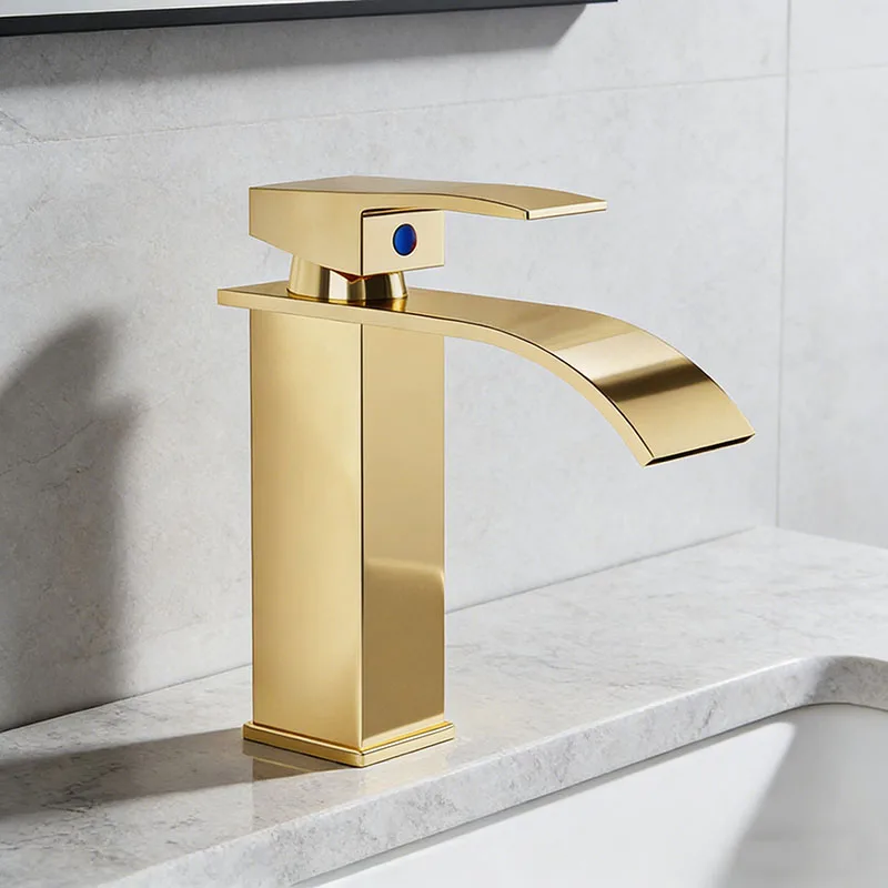 

Gold Waterfall Basin Faucet - Vessel Sink Mixer Tap for Bathroom, Hot & Cold Water Home Use