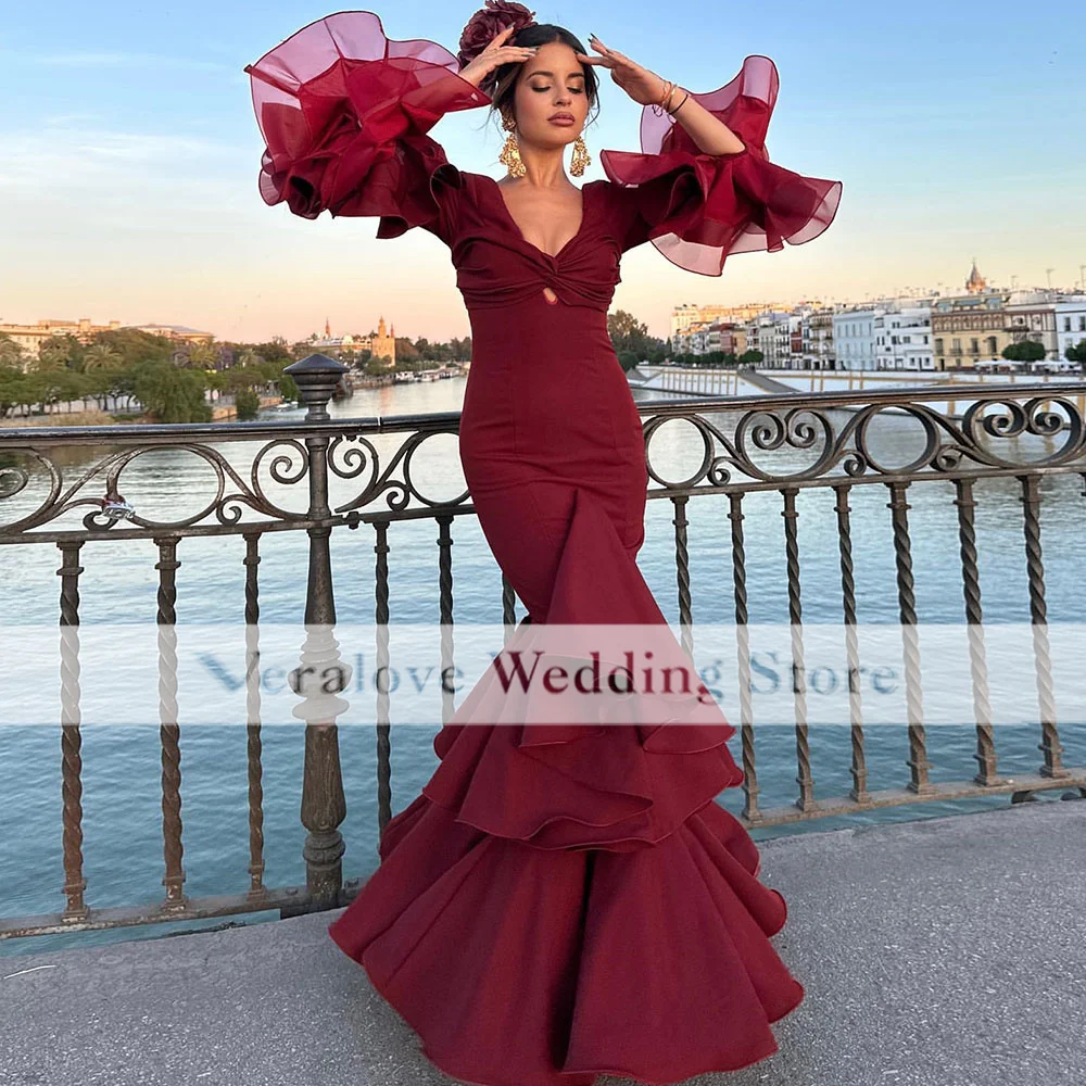 Red Flamenca Evening Dress Mermaid Long Sleeves V Neck Ruffles Skirt Prom Dancer Party Gowns Formal Occasion Wear