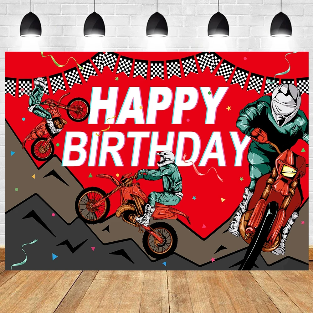 Cartoon Motocross Racing Dirt Bike Motorcycle Theme Children Boy First Birthday Party Photography Room Wall Banner Decoration ﻿