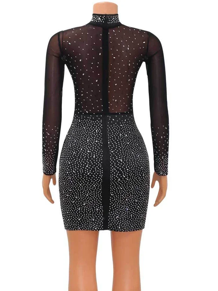 New Elegant Women Long Sleeve Bodycon Dress Sexy Mesh Crystal Patchwork Sheer Mini Dress Night Clubwear Outfits