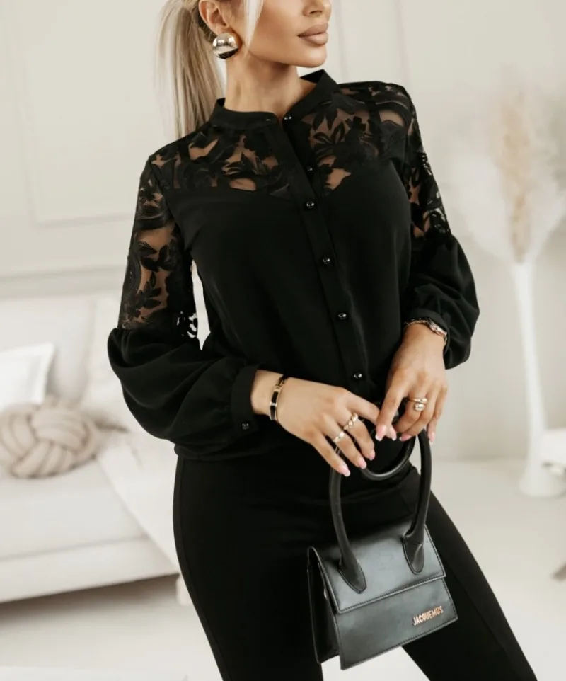 Autumn and Winter Women\'s Solid Elegant Lace Spliced Top Long Sleeved Button Casual Shirt