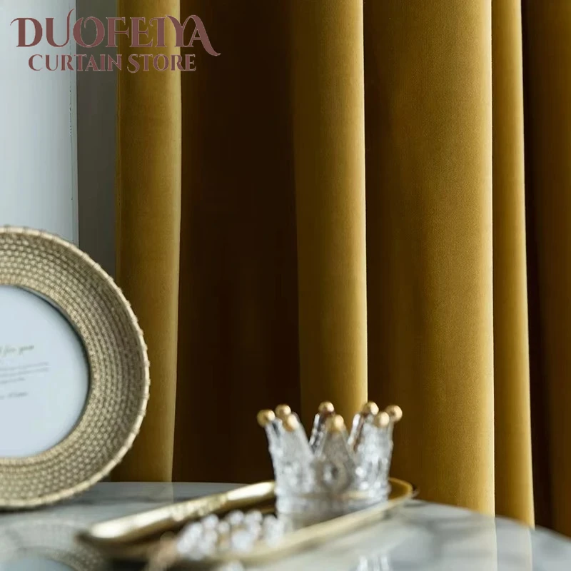 European Vintage Gold Thicken Luxury Blackout Velvet Curtains for Living Room Bedroom Dining White Tulle Window Custom Size