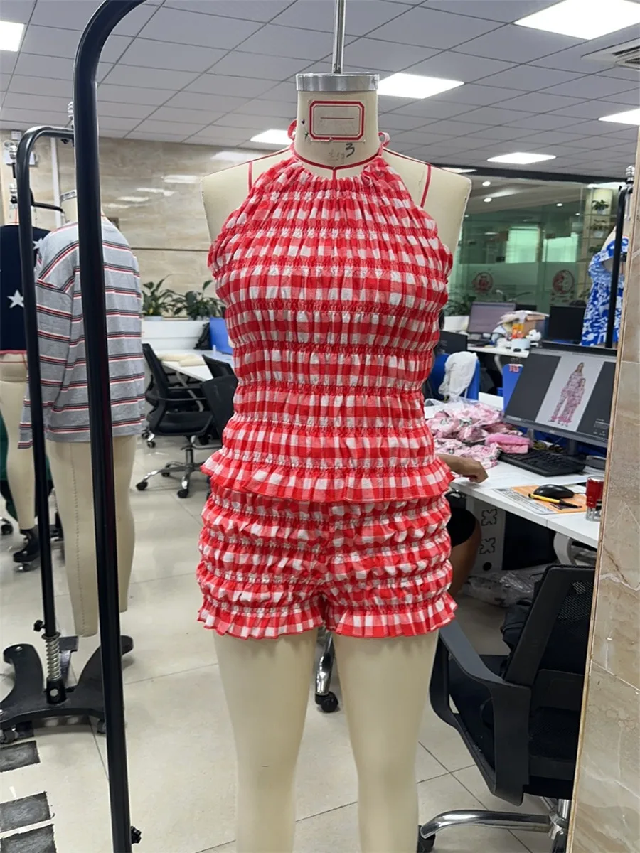 

Women Shorts Sets Summer Solid Color/Plaid Smocked Halter Neck Sleeveless Crop Tops with Ruffled Shorts 2 Pcs Outfits Loungewear