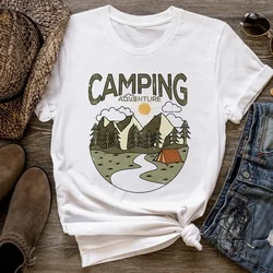 Fashion Style Short Sleeved Clothing O-Neck T-Shirt Women's Mountain Camping Pattern Basic T-Shirt Printed Casual Top T-Shirt.