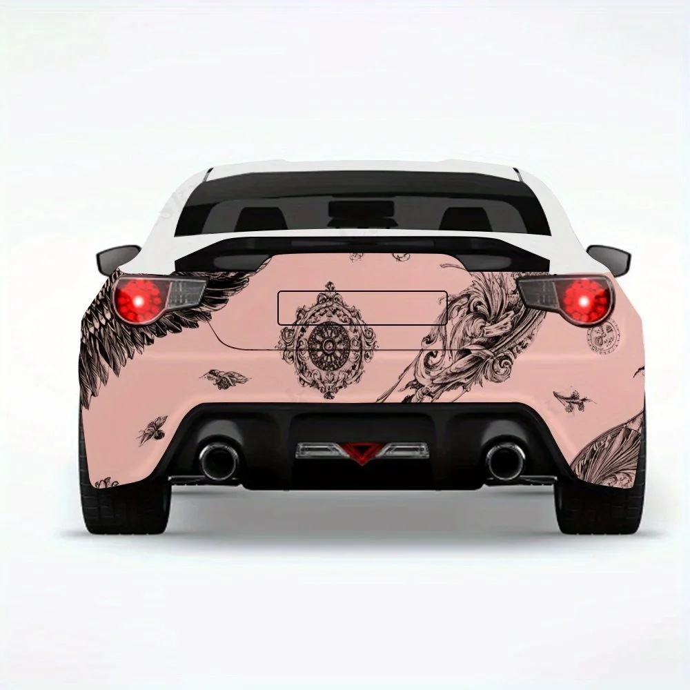 

Черно-белый узор с крыльями, виниловая наклейка на заднюю часть автомобиля, водонепроницаемые самоклеящиеся виниловые наклейки для хвоста и бампера автомобиля, декабрь
