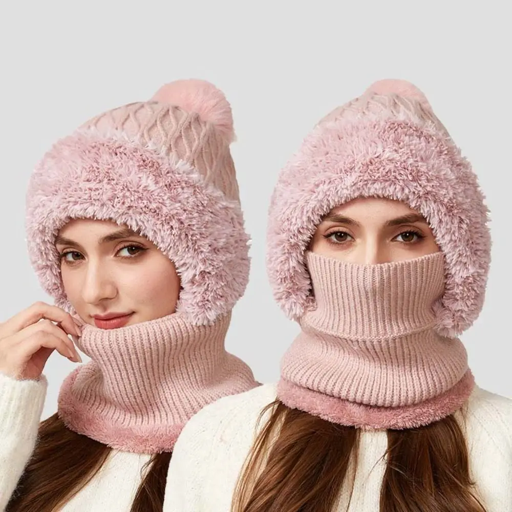 

Fashion Winter Cap Mask Set Windproof Solid Color 2in1 Scarf Hat Neck Protector Thicken Warm Balaclavas Hat Riding