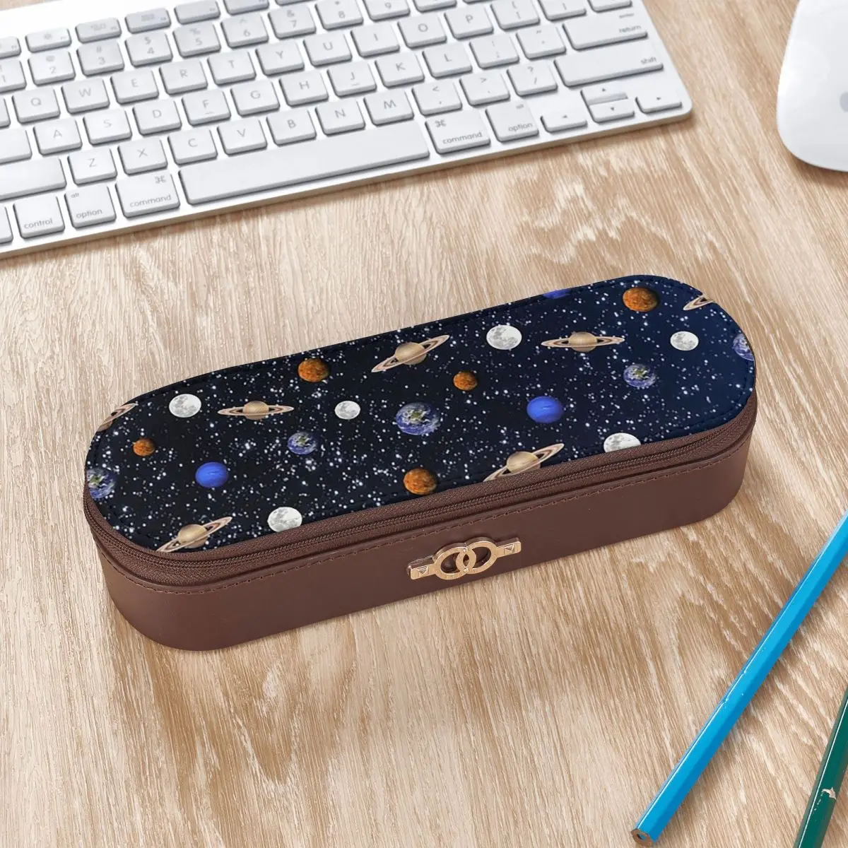 Solar System Space Planets Universe  Leather Pencil Cases Pen Holder Storage Stationery Supplies Pen Box Pencil Bag for Studen