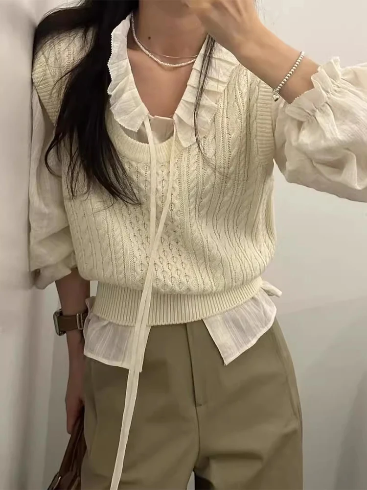 시크한 브이넥 니트 조끼 여성용 부드럽고 루즈한 캐주얼 레이어링 가을 패션 트렌디 올매치 편안한 민소매 탑
