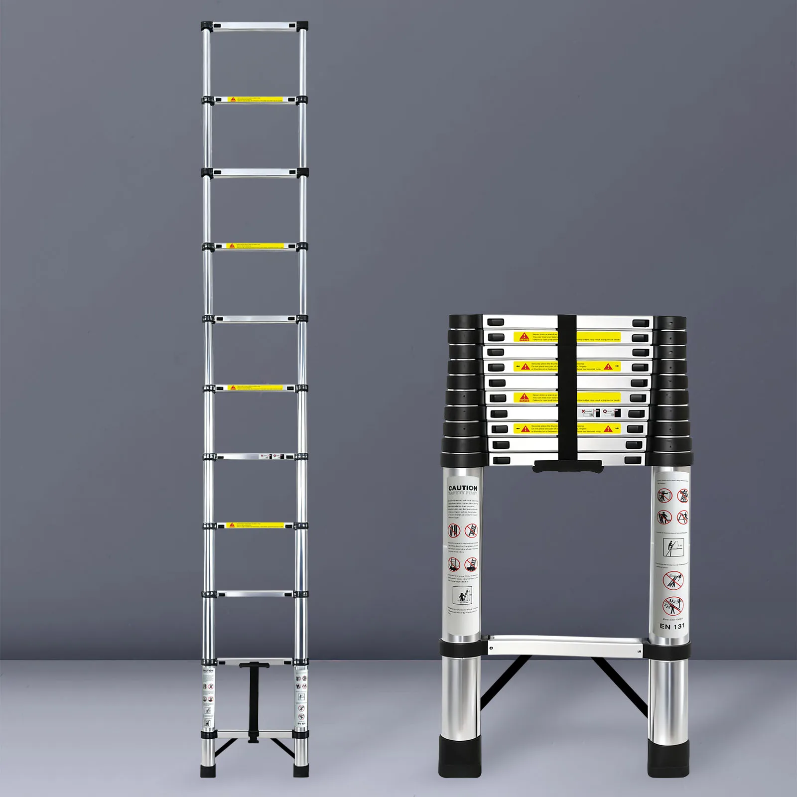 Escalera Telescópica Multiusos de Acero Inoxidable, 2.6-4.4M, Capacidad de Carga 330LB, Diseño 3 en 1 Compacto, Plegable y Antideslizante para Interiores