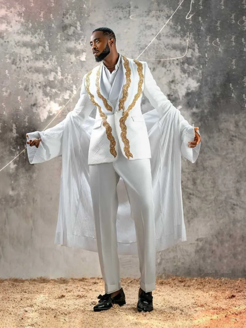 

White Men Suits Set 2 Pieces Beaded Blazer+Pants Trousers Wedding Tuxedos GJacket Formal Office Business Cotton Red Carpet Coat