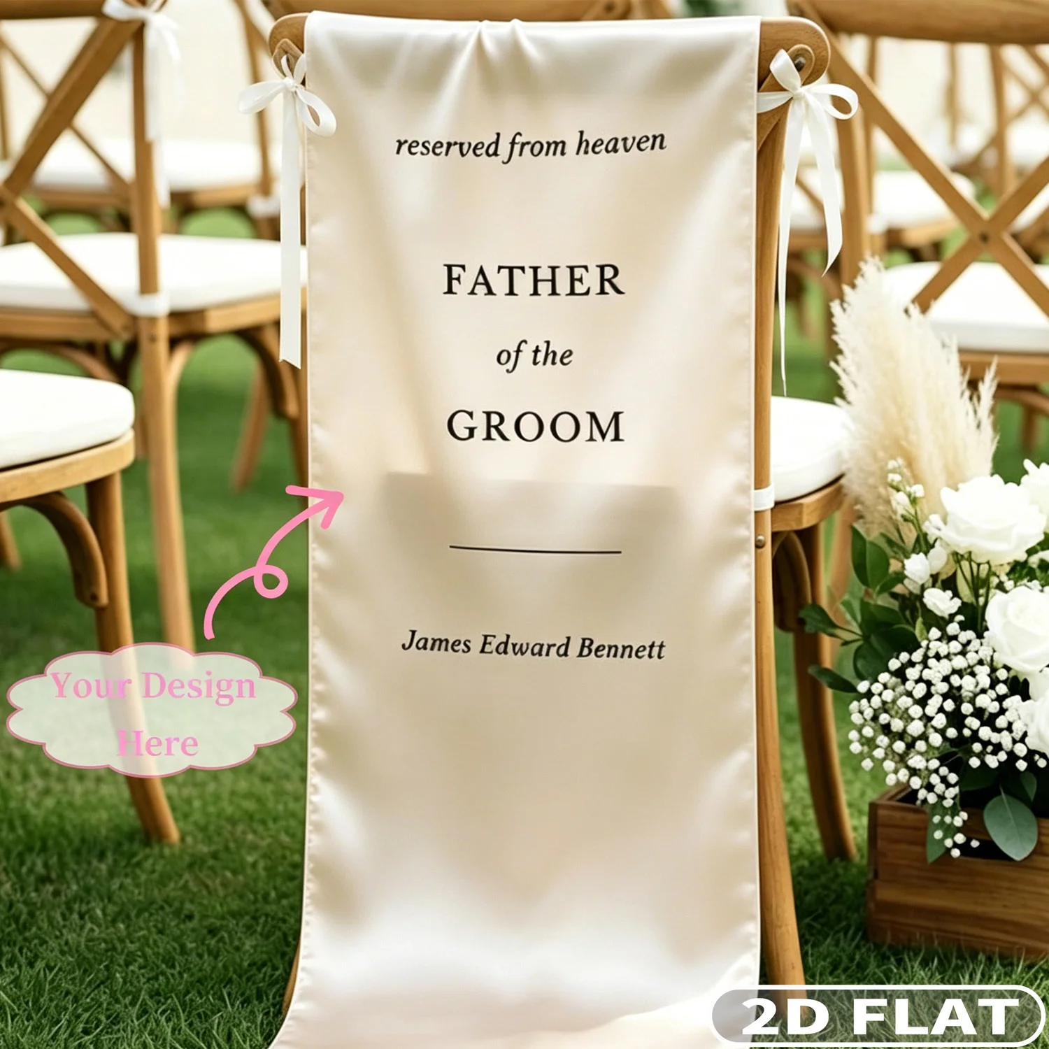 1pc Custom 2D FLAT Satin Memorial Wedding Chair Banner  In Loving Memory, Reserved Seat Sign, Custom for Wedding, Funeral view 5