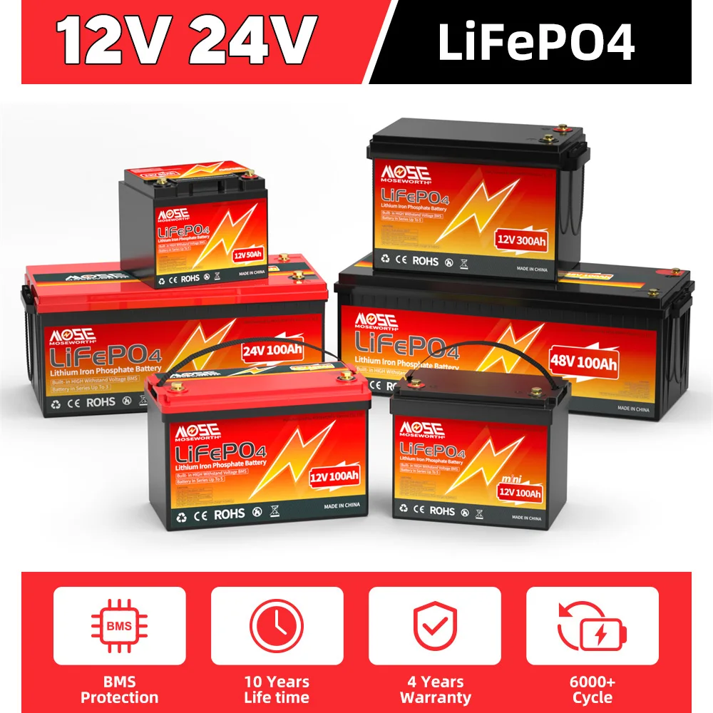 12V 24V LiFePO4 Battery 100Ah 200Ah 300Ah Lithium Iron Phosphate Rechargeable Batteries Battery Pack for RV Home Solar Tax Free