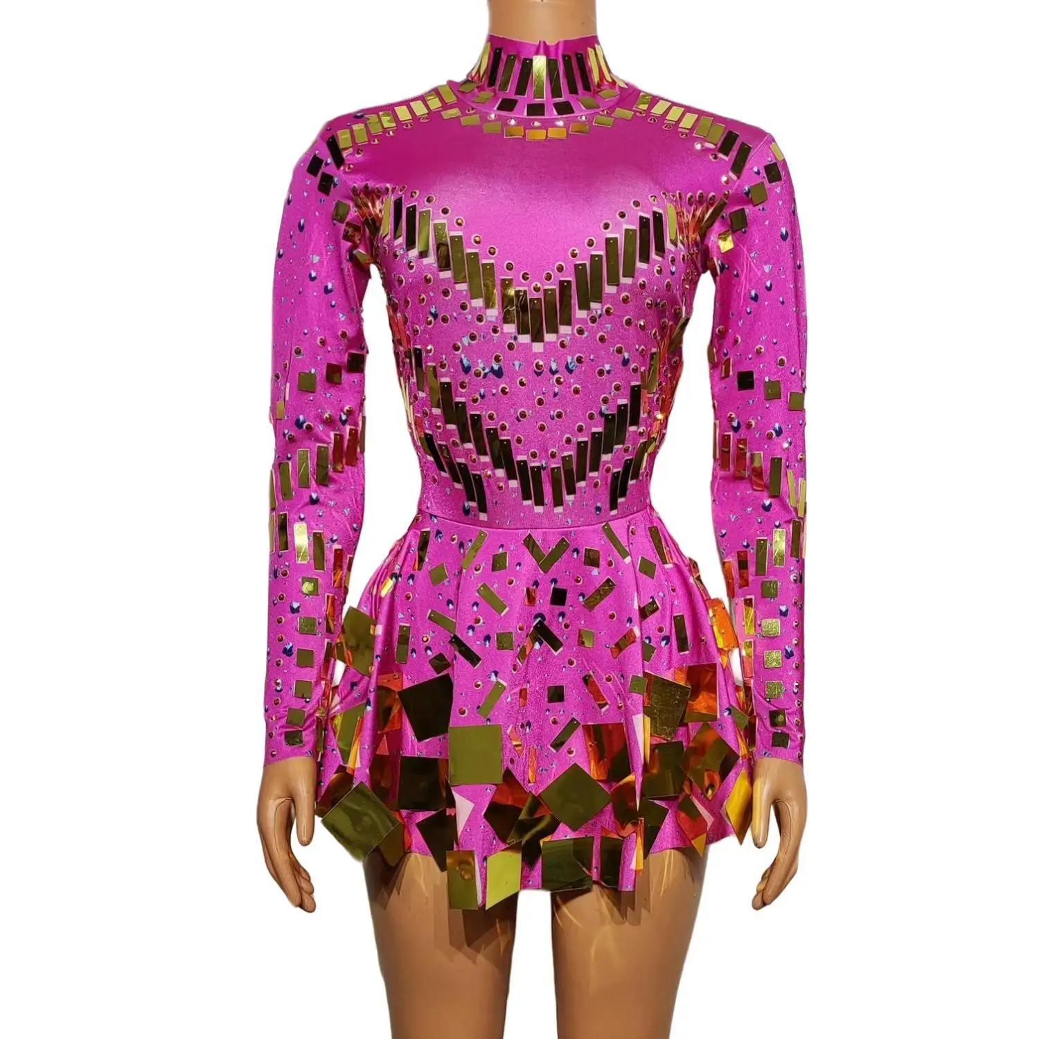 

Nightclub Dance Performance Clothing Women Bodysuit Dress Night Party Luxury Dresses Sparkly Sequins Mini Dress Pleated Xieshi