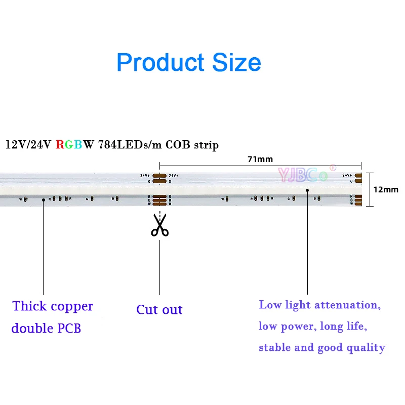 24V DC 784LEDs/m 5M RGBW 4 in 1 COB LED Strip FCOB atmosphere colorful Light high brightness Flexible Lights Tape 12mm White PCB