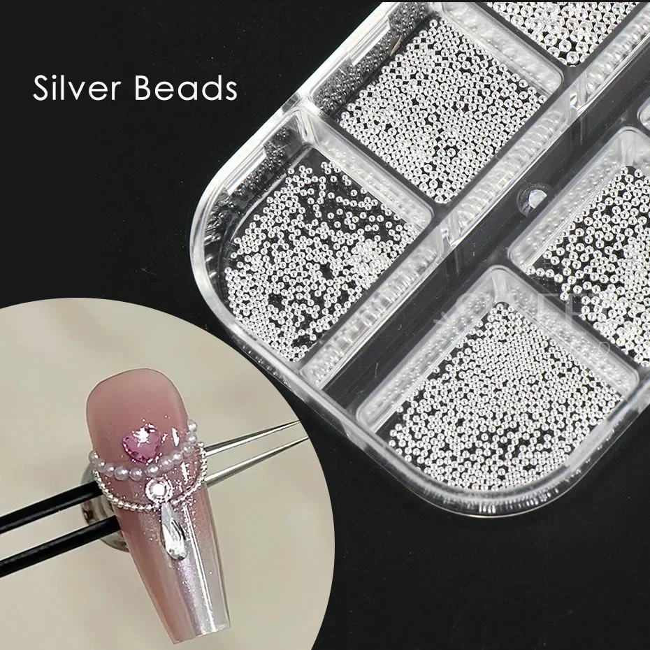 Set de 6 recipientes con cuentas mini caviar para uñas, 0.6-2mm, cuentas de acero inoxidable plateadas, accesorios DIY para decoración de manicura 2