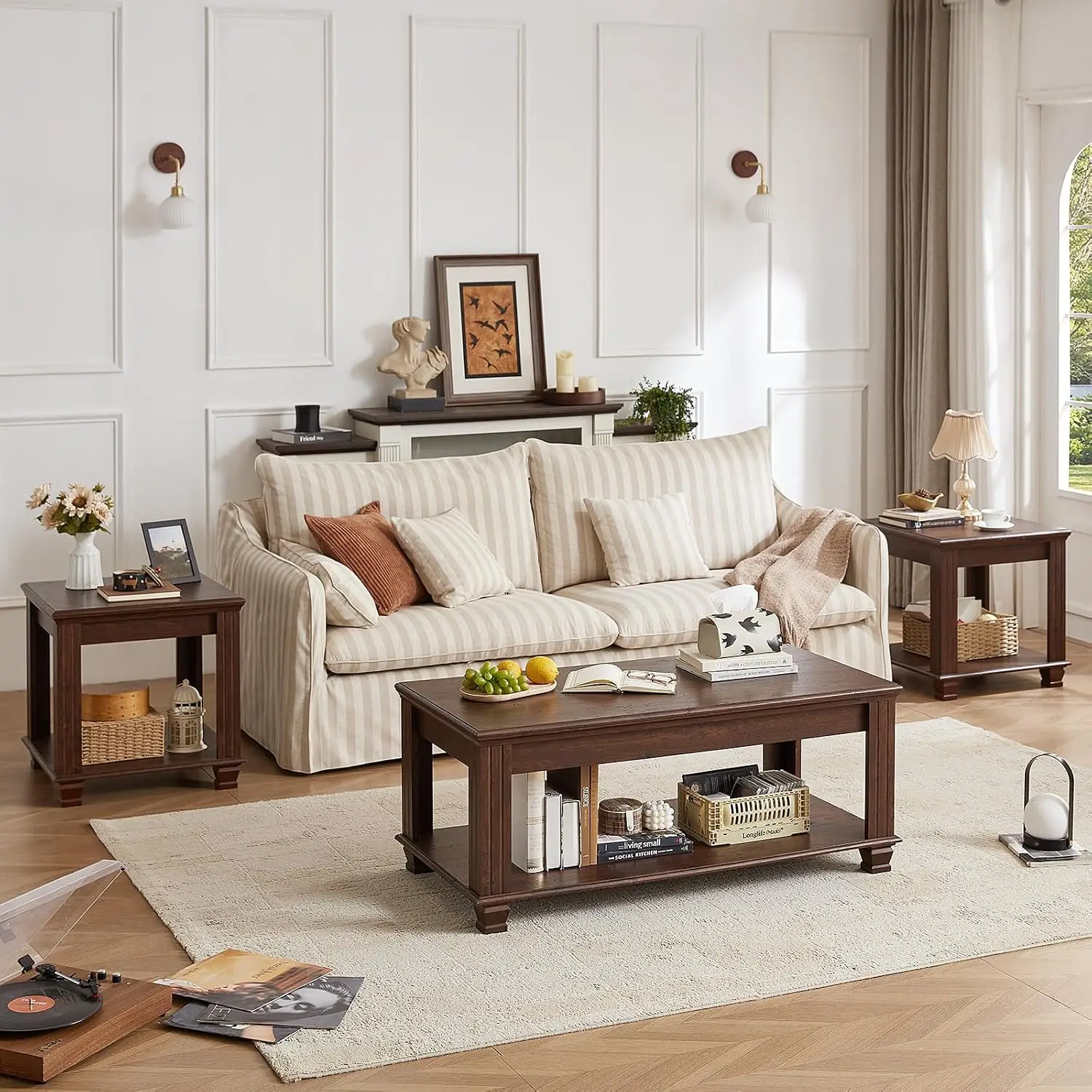 Farmhouse Coffee Table Set 3 Walnut Wood Living Room, Customized