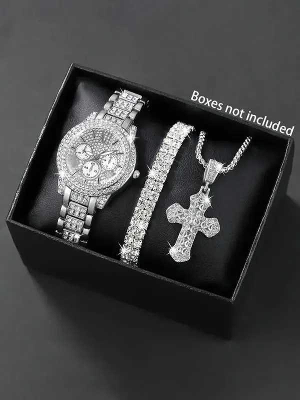 

Elegant ladies' quartz watch three piece set, diamond studded cross necklace and bracelet - the perfect gift,