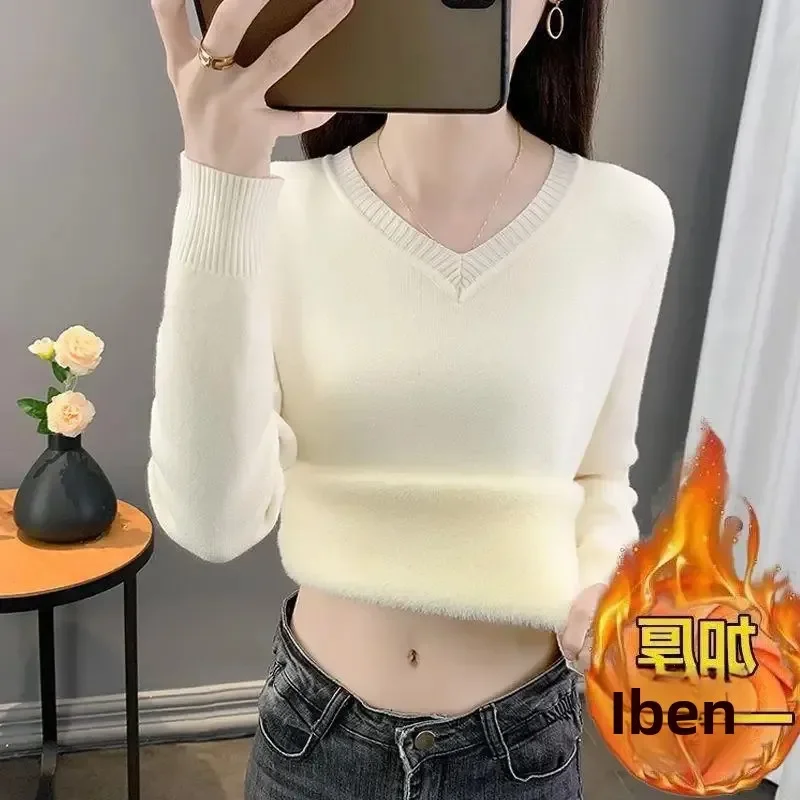 سميكة الصوف المرأة محبوك سترة الخامس الرقبة قاعدة طبقة قطعة واحدة المخملية أكمام الدافئة حجم كبير سليم صالح الخريف الشتاء