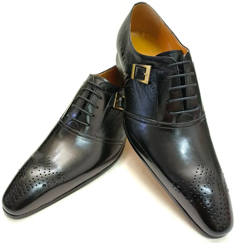 Luxury Pure Cowhide Leather Men Formal Shoes Oxford Business Office Male Dress Black Coffee Lace-up Party Wedding Handmade Shoes