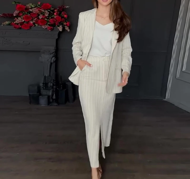 Fashion Elegant Commuting Suit Dress Set Women's Lapel Thin Striped Shirt Paired with High Waisted Hip Hugging Slit Long Skirt