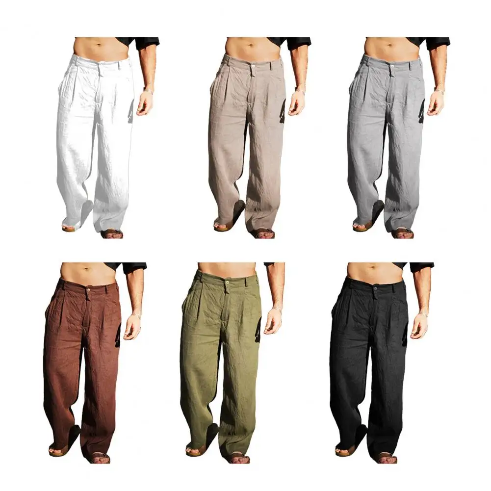 2025 Summer Bloomers Straight Trousers Mens Casual Loose Solid Color Cotton Linen Pants Men Vintage Mid Waist Beach Hotpants New