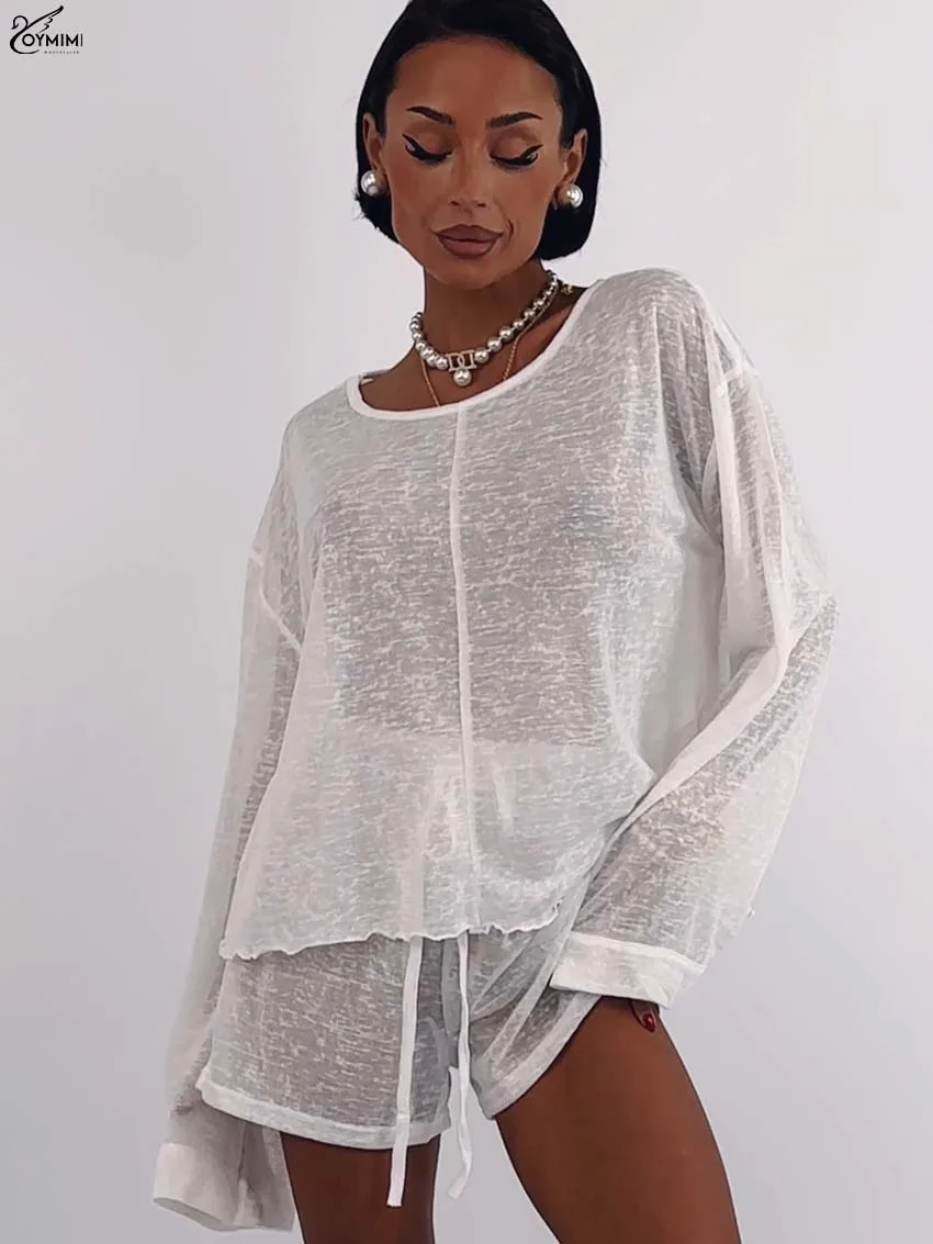 

Oymimi Fashion White Knitting 2 Piece Sets Woman Outfit Casual O-Neck Long Sleeve Translucent Tops And Drawstring Shorts Sets