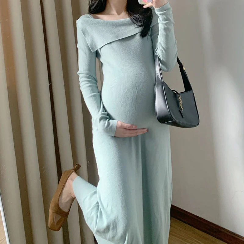 Maternity One-line Collar Fall and Winter Knitted Dress Mid-length Bottoming Dress Sweater Inside A-line Skirt Women Dress