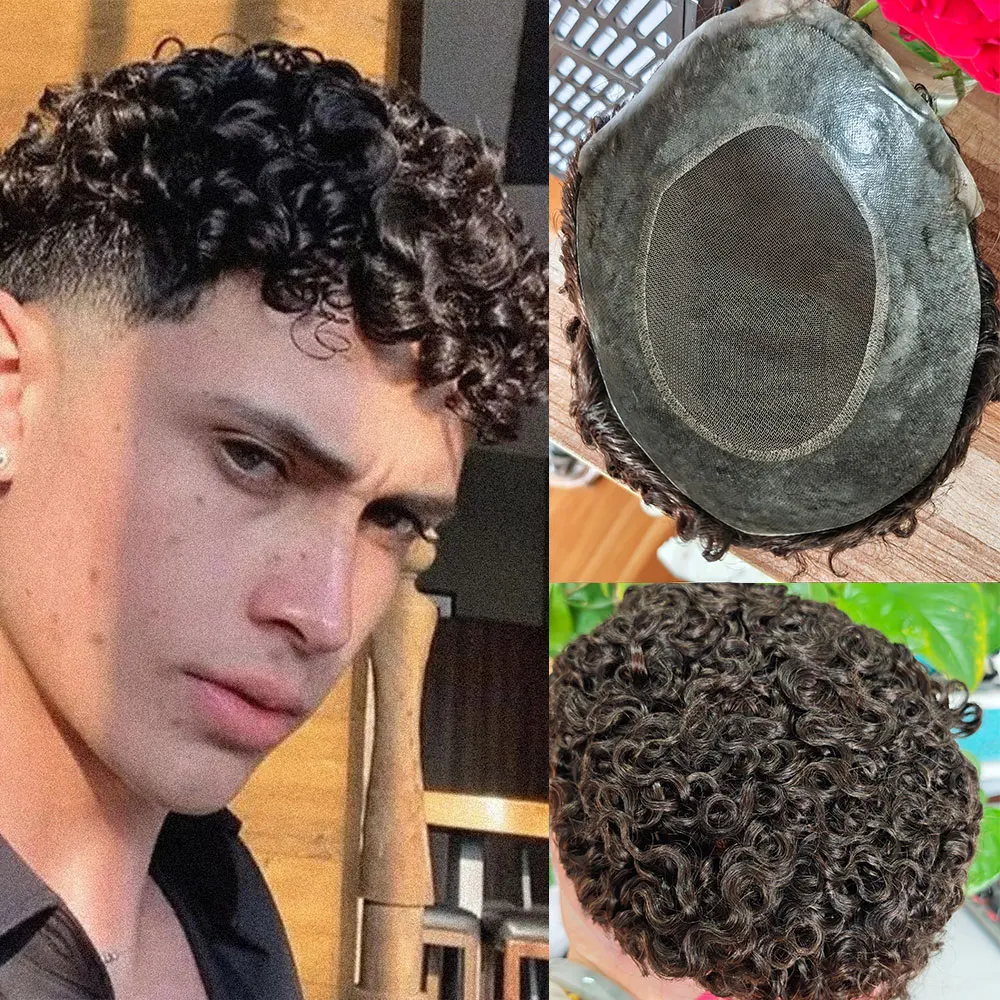 

Men's Toupee 15mm Curly Natural Human Hair Thin Skin Swiss Lace Top Hairpiece Brown 8x10inch Curly Hair Man's Wigs 2# color