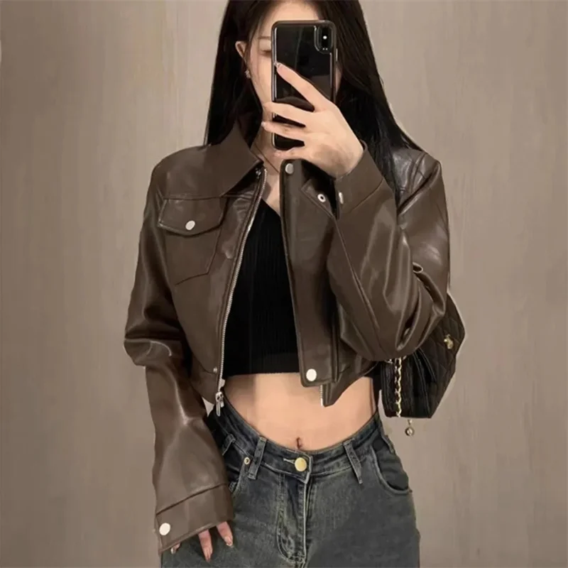Women Short Motorcycle Coat New 2026 Spring Autumn Korean Version Fashion Leather Jacket Black Coffee PU Leather Outerwear Tops