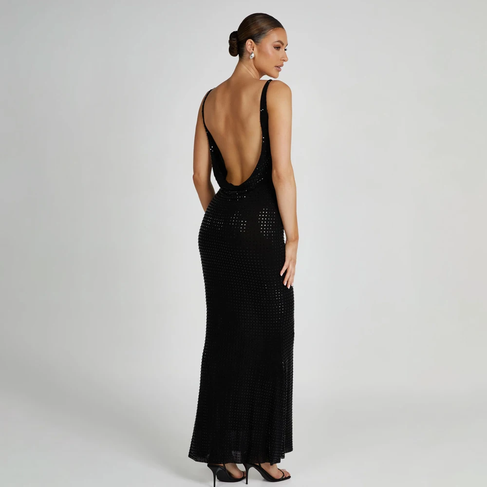 GORAFASHION Bodycon Spaghettiträger rückenfrei ärmellose Kleider glänzende Strasssteine Vestidos Sexy gekleidetes Abendparty-Abschlussballkleid