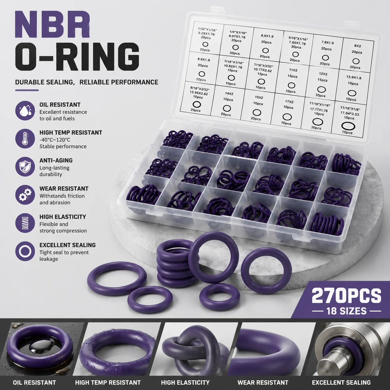 270 Pieces of Purple NBR Nitrile Rubber O-ring Set CS 1.78-3.53mm Outer Diameter 5.29-17.17mm Waterproof and Leak Proof Seal