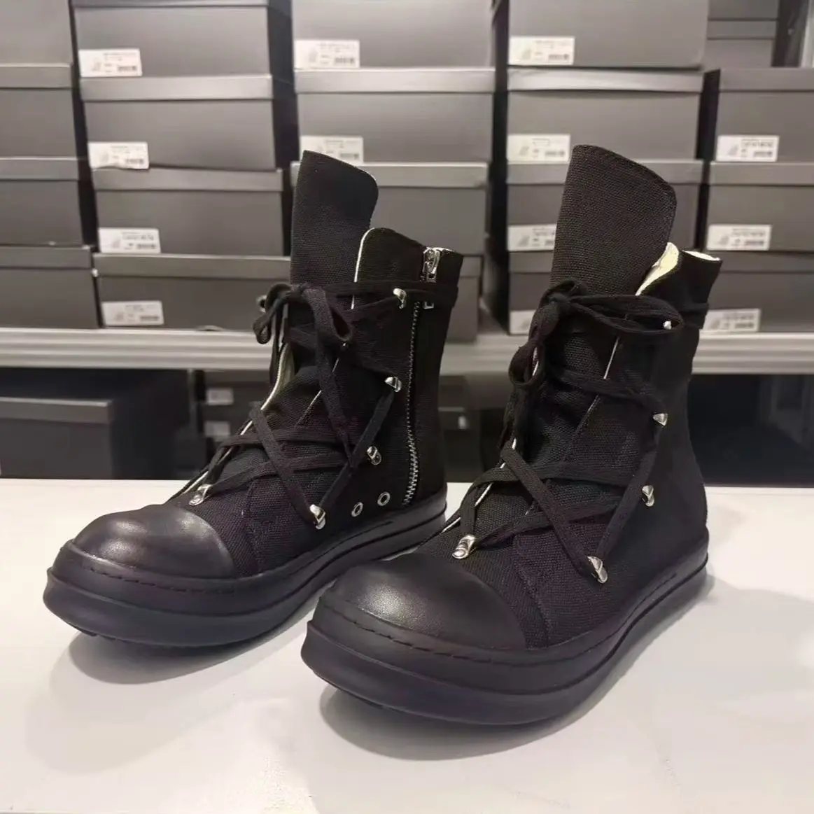 2026 Trend All Black Canvas High Top Couple Shoes Cross Laces Pentagram Detail Platform Casual Boots with Side Zipper Dark Style