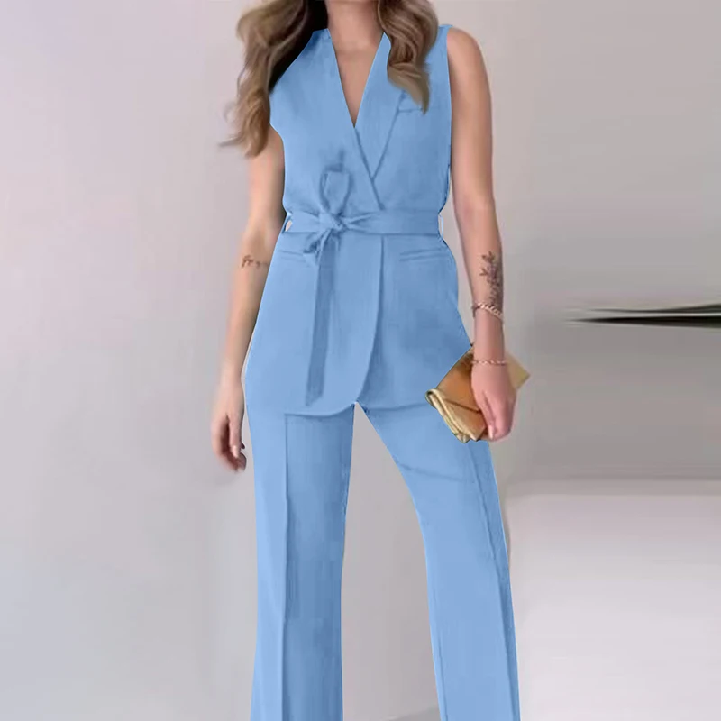 Lady Turn-down Collar Sleeveless Top with Long Pants Suit Elegant Temperament Solid Color Slim Set Fashion Lace Up Party Outfit