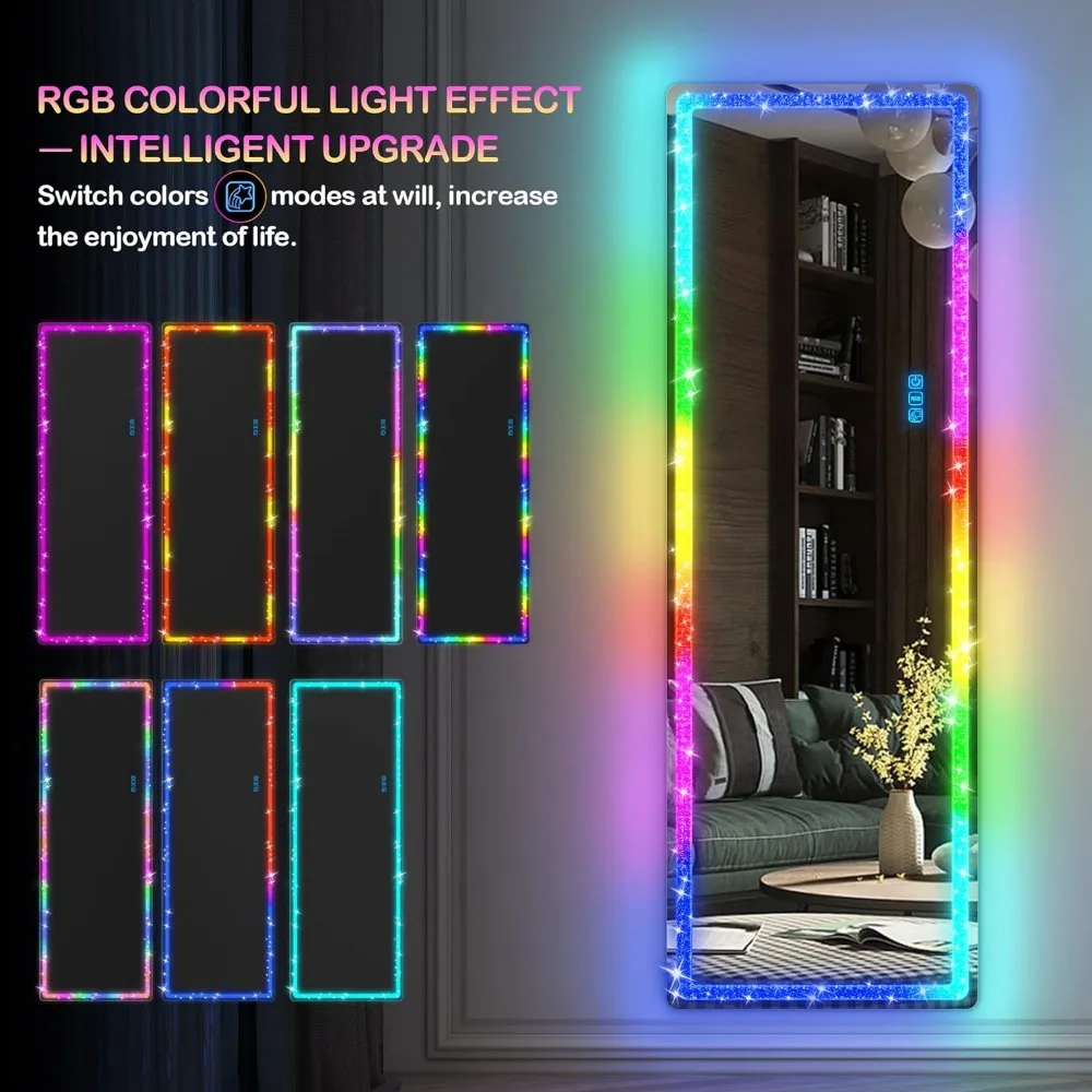 Imagem -05 - Led Full Body Rgb Espelho Iluminado com Diamante Esmagado Espelho de Piso Livre Espelho de Parede Luzes Led Reguláveis de Cores