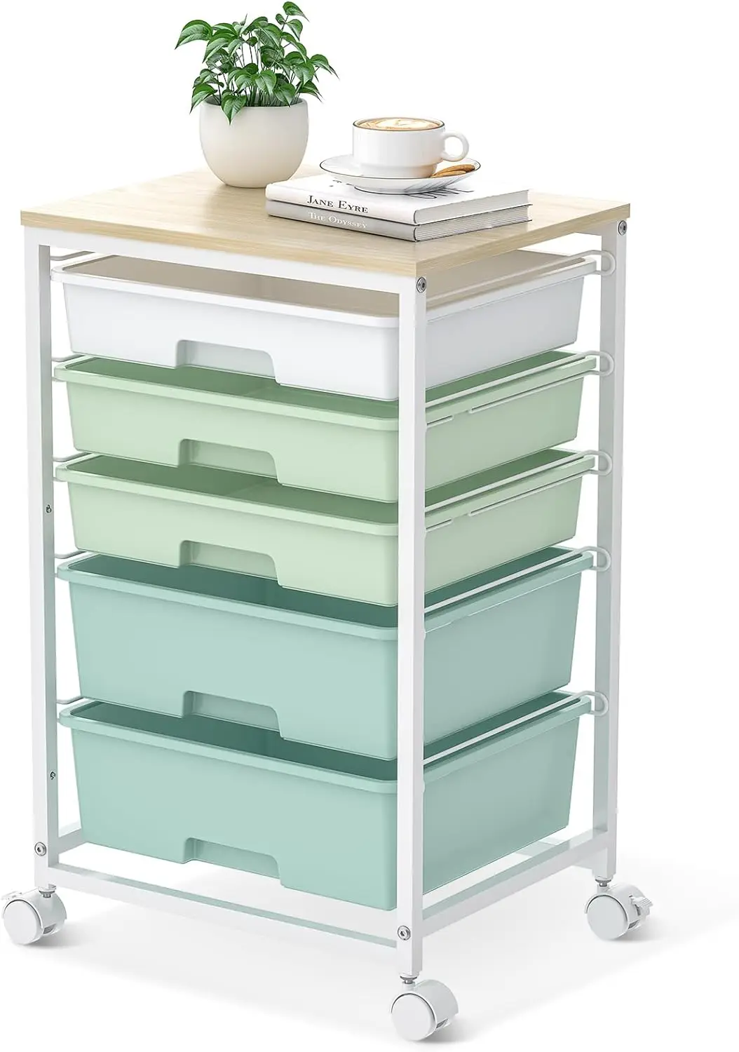 

5-Drawer Rolling Storage Cart with Wooden Tabletop, Green - Under Desk Organizer for Home & Office
