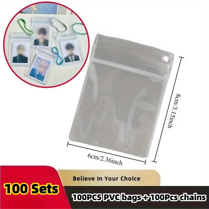 100 Transparent PVC Zipper Pouches with Hanging Slots + 100 Multi-Colored Chains Reusable Organizers for Jewelry Showcases Beads