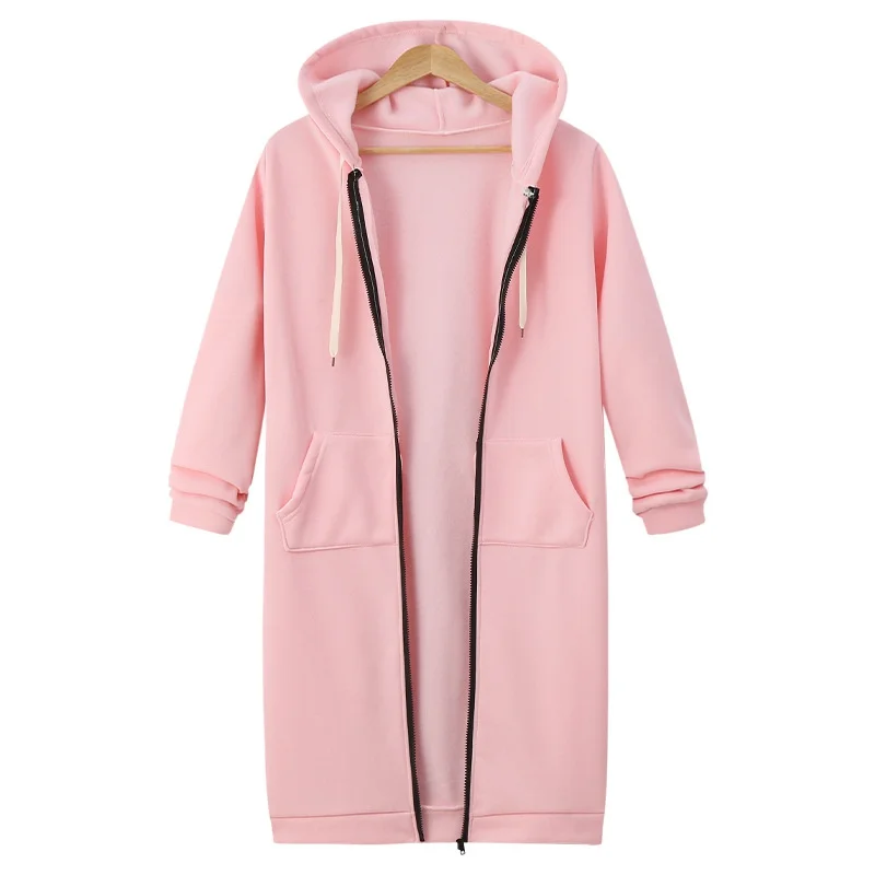 New Women's Long Wide Hooded Jacket Hooded Winter Coat Warm Loose Hoodie Coat Zipper Cardigan Women's Sports Hoodie Coat