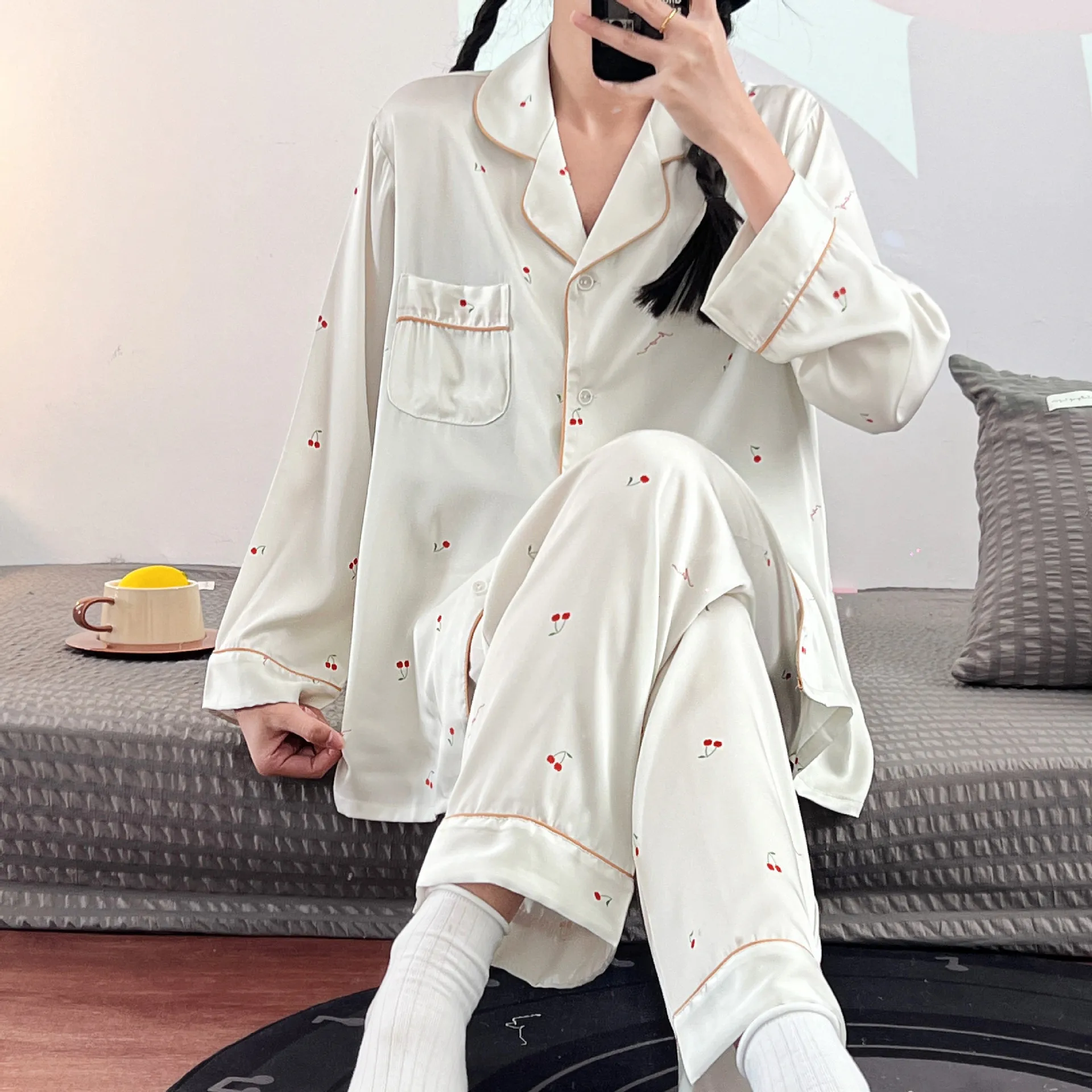 Long Sleeve Pants Floral Print Woman Satin Pajama Sets Ensembles 2 Piece Two-Piece Lady Outfit Lounge Women Pijama Pajama Pj