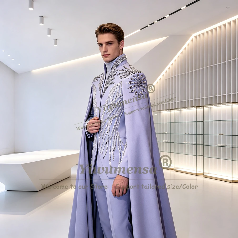 Unique Design Men's Tuxedo Suit Stand Collar Prom Blazer With Long Cape Customized Crystals Beading Groom Formal Wear Attire