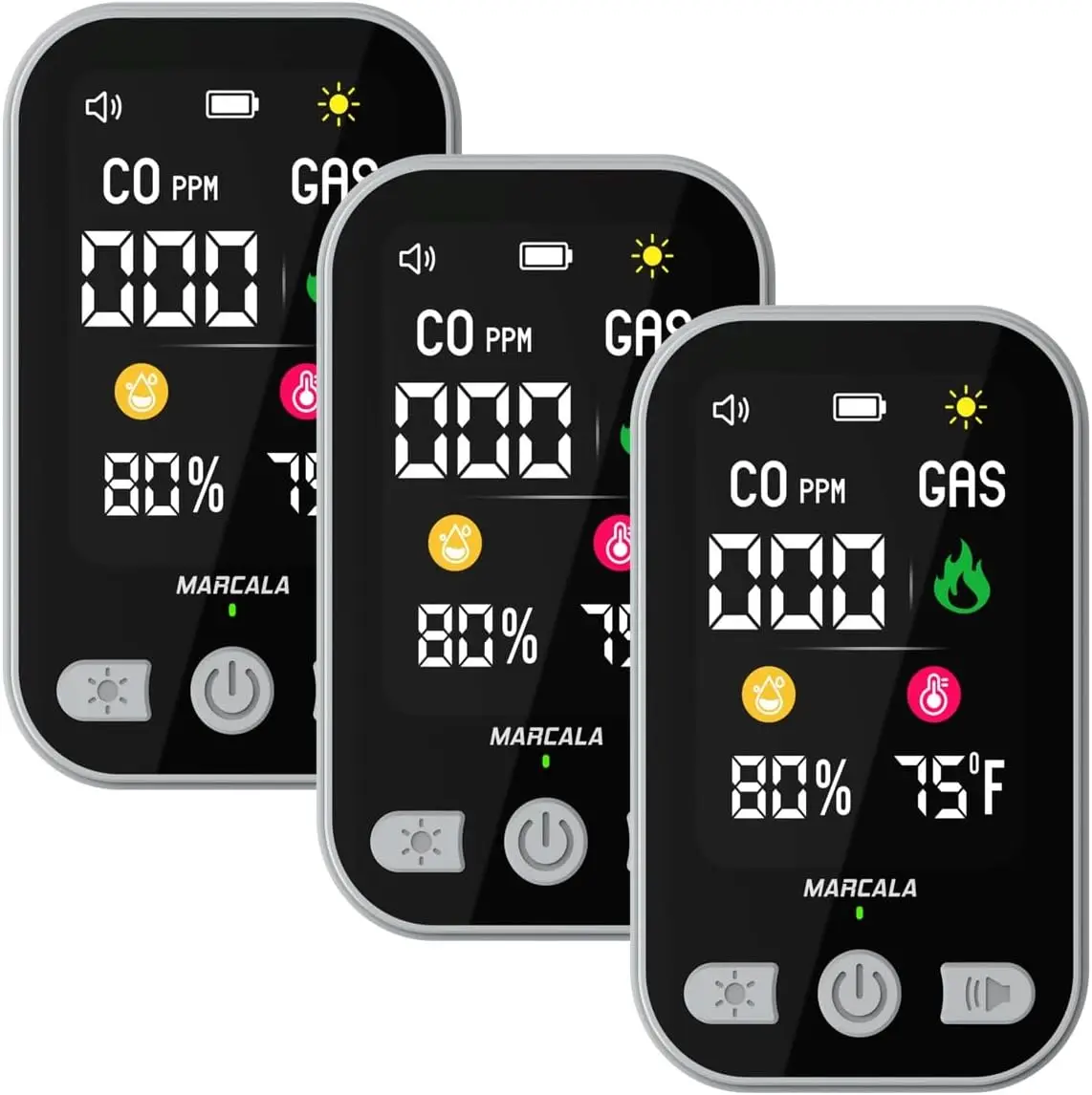 

3-Pack 4-in-1 Portable Gas & CO Detector with Backup Battery, Real-Time Display for Home Safety