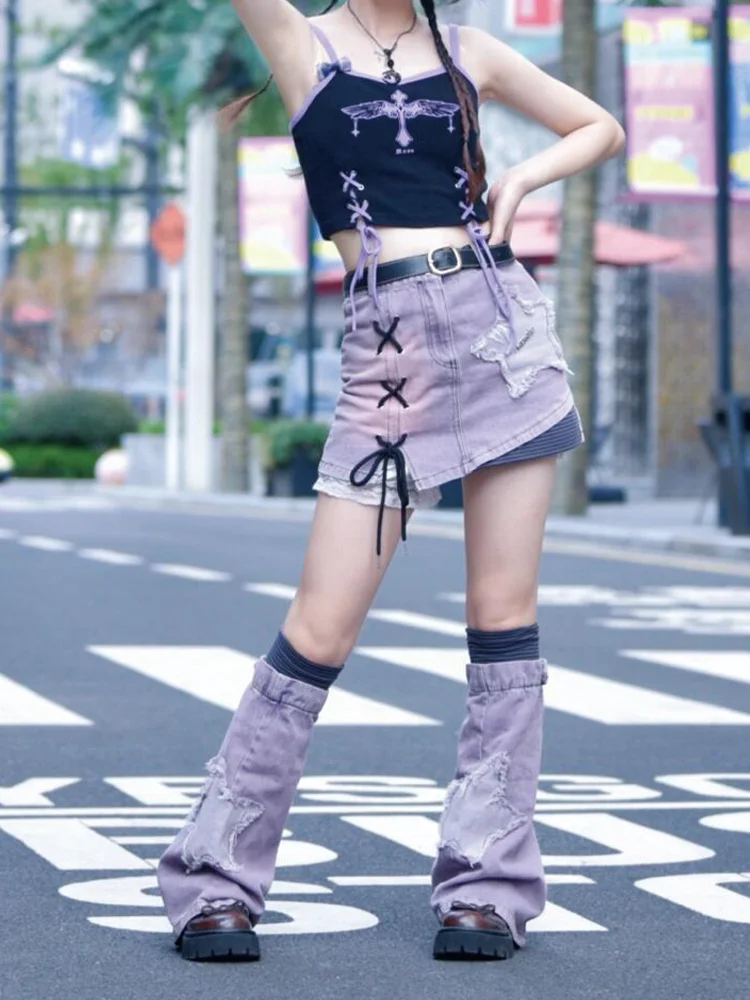 

Women's Purple Y2k Lace-up Denim Skirt Elegant Harajuku Mini Jeans Skirts Streetwear 90s Aesthetic Vintage Skirt 2000s Clothes
