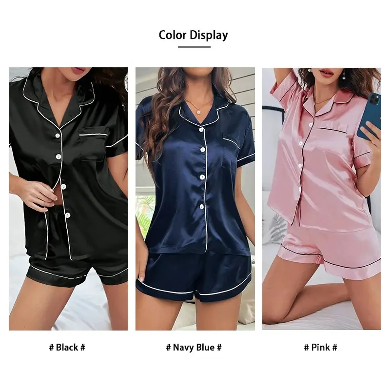 Summer Silk Satin Women Pajamas Set Button Down Top & Shorts 2 Pieces Sleepwear Notched Collar Nightwear Loungewear for Women